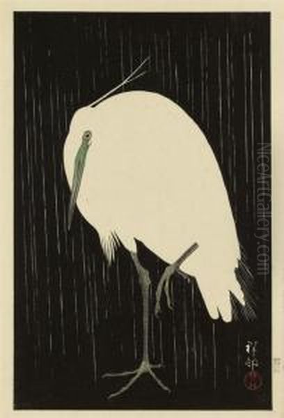 Egret In The Rain Oil Painting by Ohara Koson