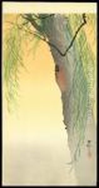 Beetle On The Trunk Of A Willow Tree Oil Painting by Ohara Koson