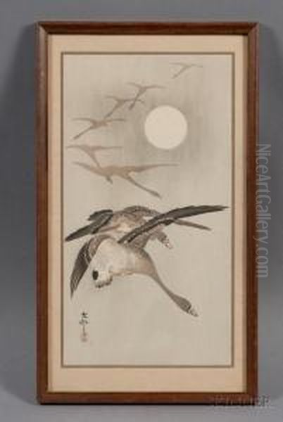 Geese Circling A Full Moon Oil Painting by Ohara Koson