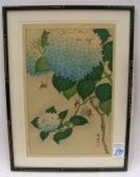 Blue Hydrangeas With Was Ps Oil Painting by Ohara Koson