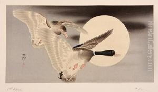 Birds In Flight Oil Painting by Ohara Koson