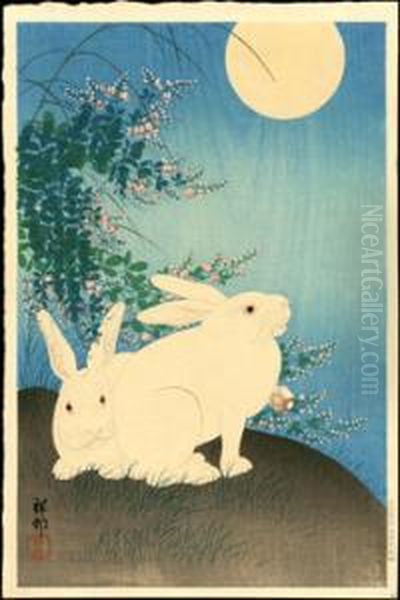 Two Rabbits And Bush Clover, A Full Moonabove Oil Painting by Ohara Koson