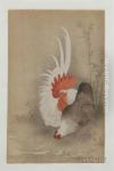 Hen And Rooster Oil Painting by Ohara Koson