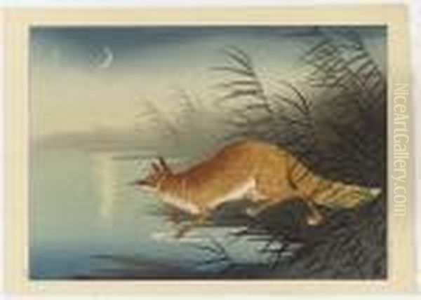 Seven Woodcuts: A Fox In Reeds At A Pond's Edge, A Crescent Moon Above Oil Painting by Ohara Koson