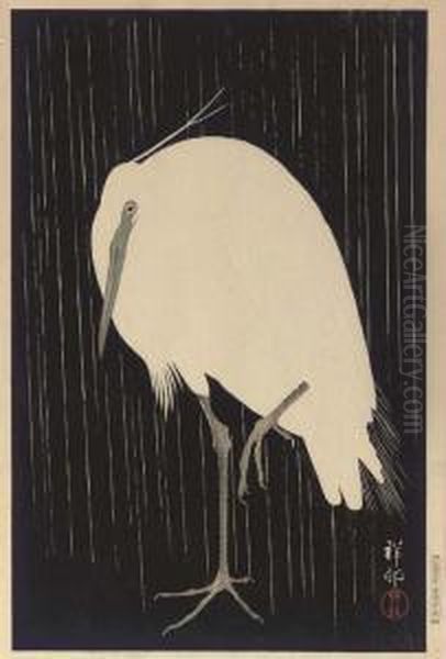 Standing Heron In Rain Oil Painting by Ohara Koson