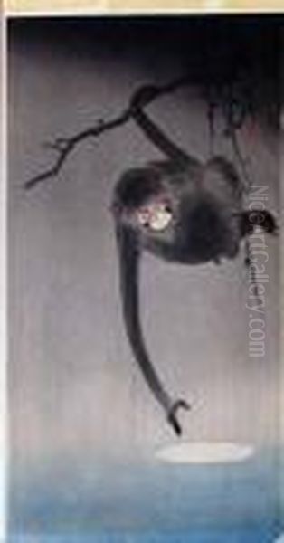 Untitled (monkey Reaching For The Moon) Oil Painting by Ohara Koson