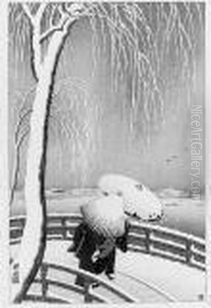 Women Crossing A Bridge In Snow Oil Painting by Ohara Koson