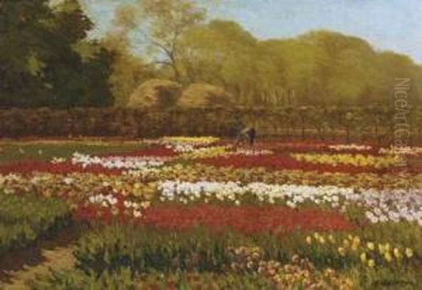 A Beautiful Day In A Tulipfield Oil Painting by Anton Lodewijk Koster