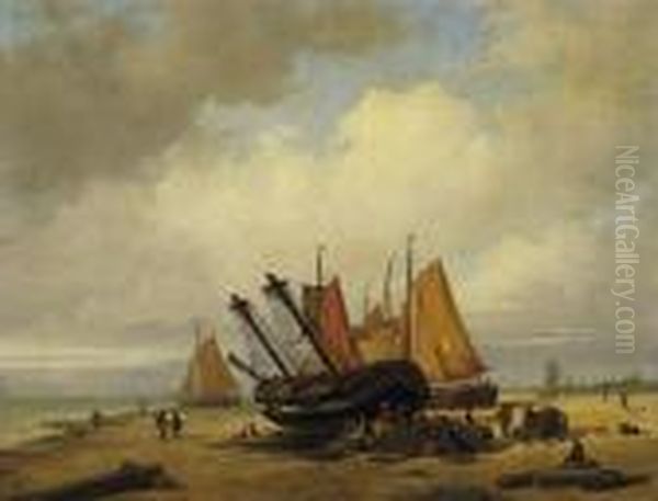 Docking Sailboats On The Dutch Coast. Signed And Dated Lower Left: E.koster 1842 Oil Painting by Everhardus Koster