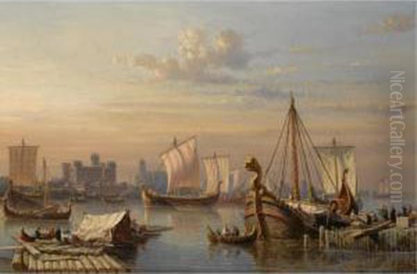 Viking Ships On The River Thames Oil Painting by Everhardus Koster