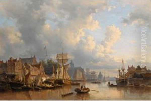 Ships On The River Ij, Amsterdam Oil Painting by Everhardus Koster