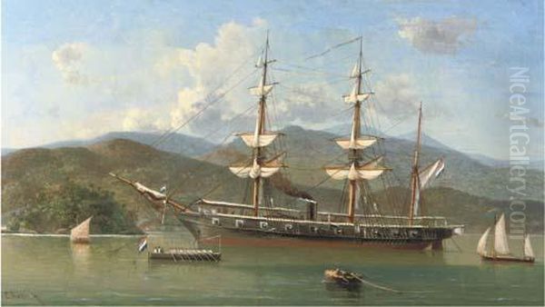 A Dutch Naval Barque Anchored Off A Foreign Coast Oil Painting by Everhardus Koster