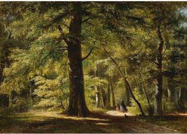 Walking The Dog In The Woods Of Haarlemmerhout Oil Painting by Everhardus Koster