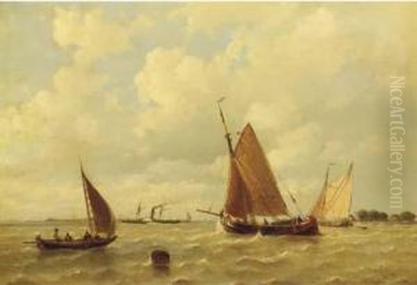 Sailing Vessels And A Steamship By A Coast Oil Painting by Everhardus Koster