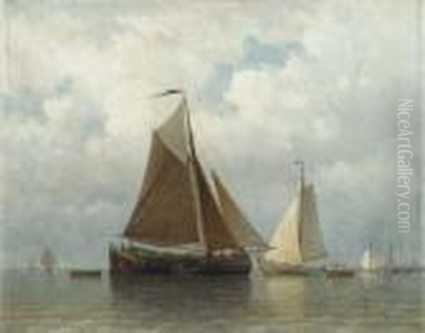 Sailing Barges On The Ij, Amsterdam Beyond Oil Painting by Everhardus Koster