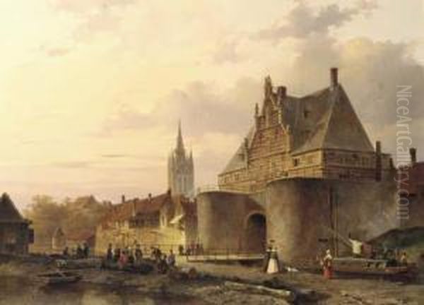 The Waterslootpoort At Delft At Sunset, With The Prinsenhof In The Distance Oil Painting by Everhardus Koster