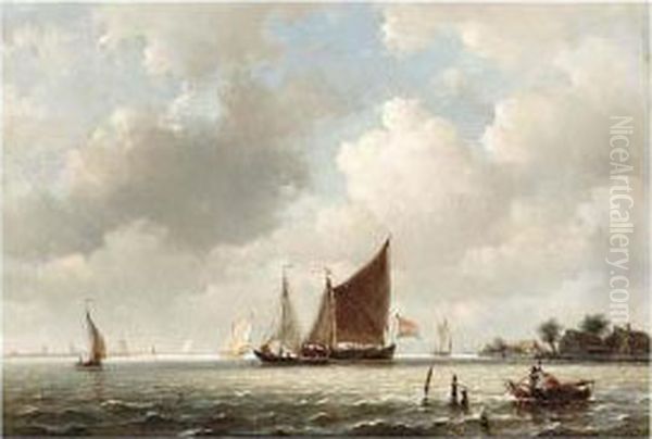 Sailing Vessels On A River Oil Painting by Everhardus Koster