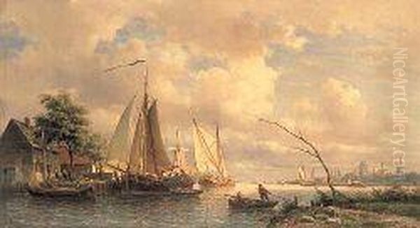 A Busy Estuary Scene, Dordrecht In The Distance Oil Painting by Everhardus Koster