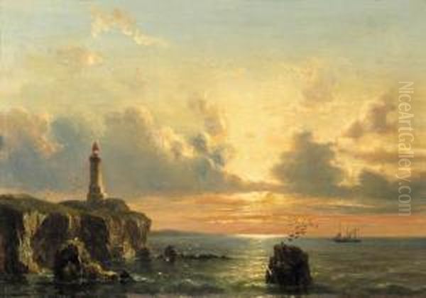 A Coastal Landscape With A Lighthouse At Sunset Oil Painting by Everhardus Koster