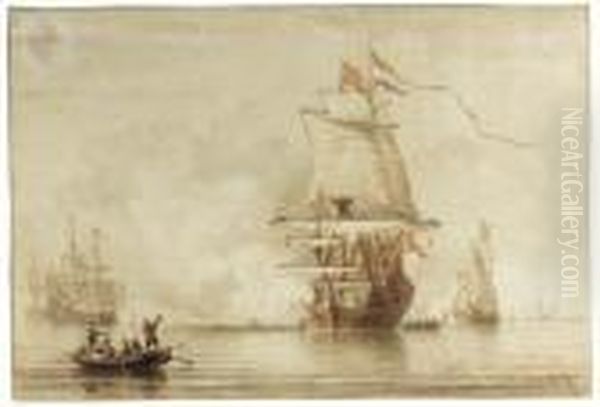 A Man O'war Firing A Salute, Others Nearby Oil Painting by Everhardus Koster