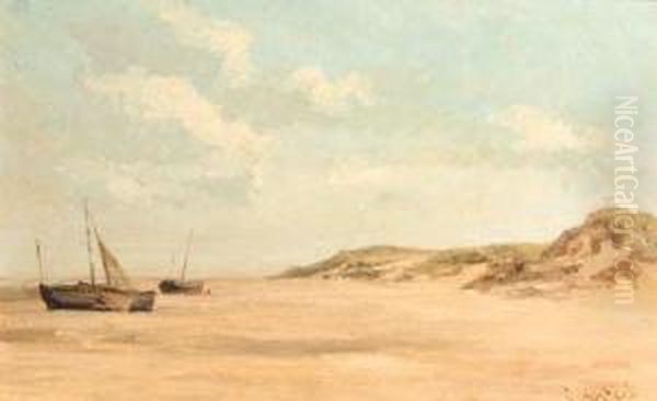 Beached Fishing-boats On A Deserted Beach Oil Painting by Everhardus Koster