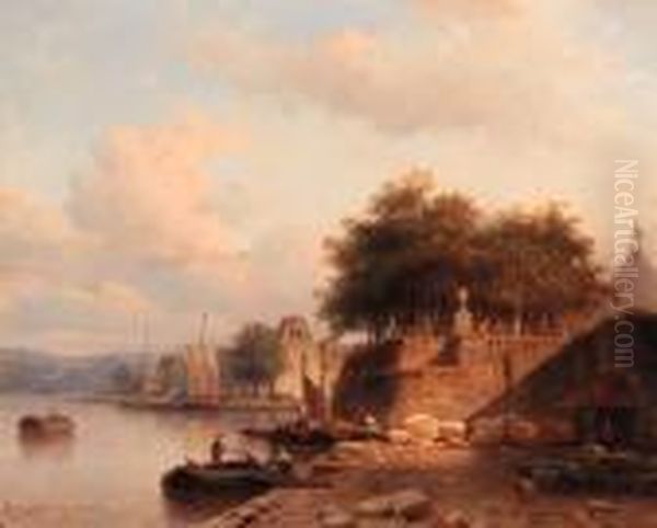 Numerous Townsfolk On A Quay Of A Town Along The Rhine Oil Painting by Everhardus Koster