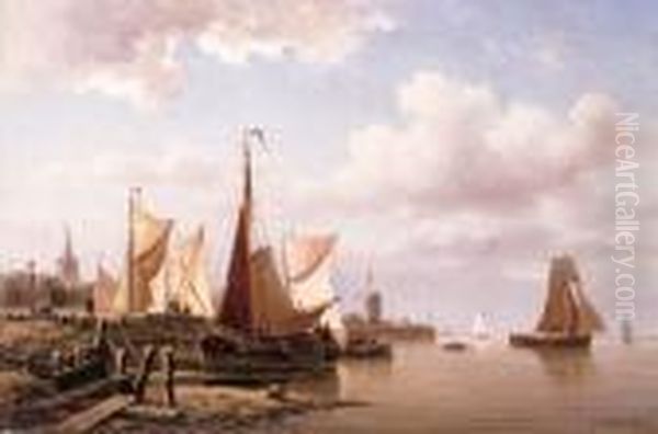 A River Estuary With Moored Fishing Pinks And Townsfolk On Thequay Oil Painting by Everhardus Koster