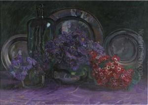 A Still Life With Anemones, A Bottle And Pewter Plates Oil Painting by Jo Koster Van Hattum