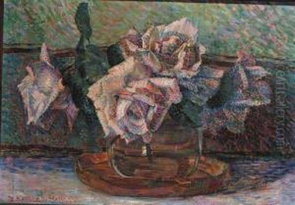 A Still Life With Roses In A Glass Vase Oil Painting by Jo Koster Van Hattum