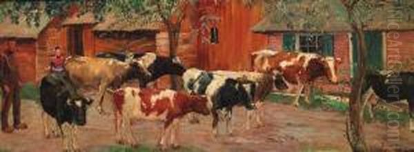 Peasants And Cows In Staphorst Oil Painting by Jo Koster Van Hattum