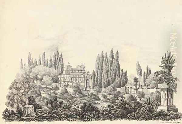 Twenty-eight drawings of Italian, French and English views including The Villa Albani Oil Painting by Harriet Cheney