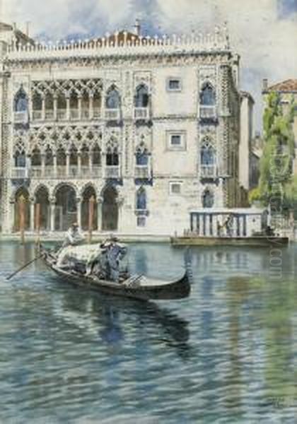 Gondel Auf Dem Canal Grande Vor Der Ca D'oro. Oil Painting by Jeno, Eugene Koszkol