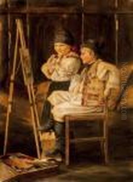 Children By The Easel Oil Painting by Jeno, Eugene Koszkol