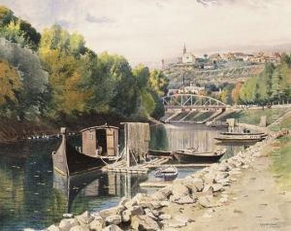 Esztergomi Taban A Kisdunanal Oil Painting by Jeno, Eugene Koszkol