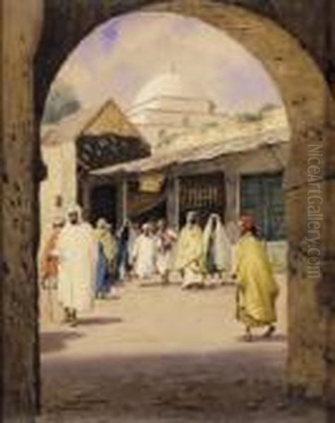 Bazzar In Tunis Oil Painting by Jeno, Eugene Koszkol