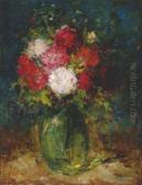 Flowers In A Green Vase Oil Painting by Jozsef Koszta