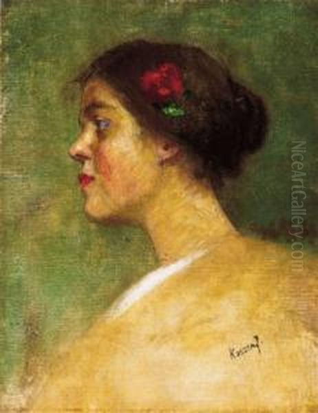 Girl, Witha Flower In Her Hair Oil Painting by Jozsef Koszta