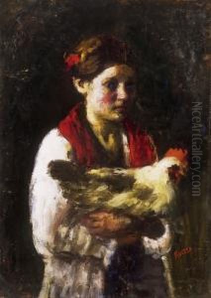 Little Girl With Cock Oil Painting by Jozsef Koszta