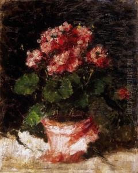 Rose-coloured Geranium, 1930s Oil Painting by Jozsef Koszta