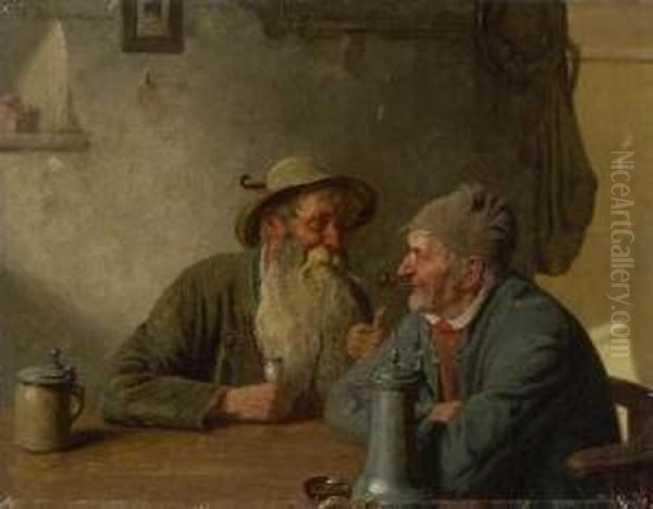 Zwei Bauern Am Wirtshaustisch. Oil Painting by G. Hugo Kotschenreiter