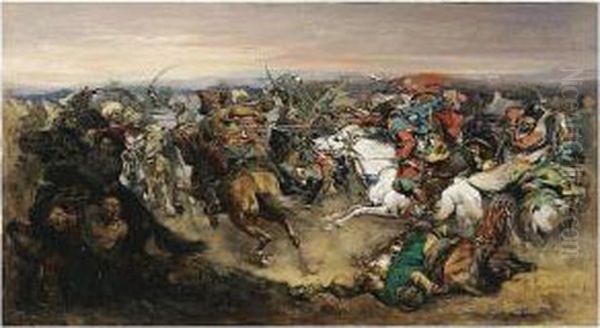 Battle Scene Oil Painting by Pavel Osipovich Kovalevskii