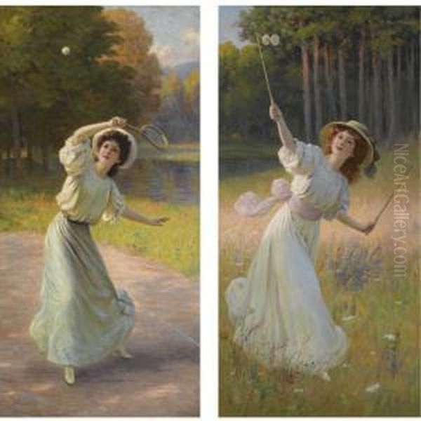 Ladies At Play: A Pair Oil Painting by Leopold-Francois Kowalsky