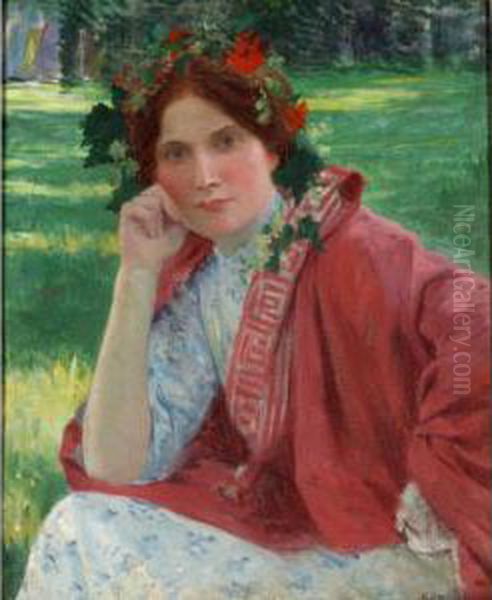 Girl With Flowers In Her Hair Oil Painting by Leopold-Francois Kowalsky