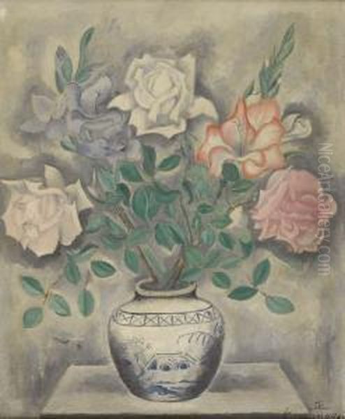 Still Life With Roses In A Delft Jar Oil Painting by Sei Koyanagui