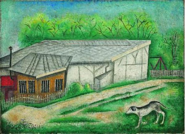 Chien Devant La Maison, Vers 1927 Oil Painting by Sei Koyanagui