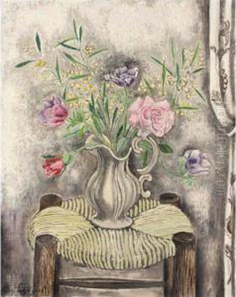 Roses And Stool Oil Painting by Sei Koyanagui