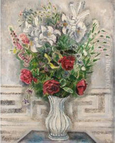 Roses In Blue Striped Jug Oil Painting by Sei Koyanagui