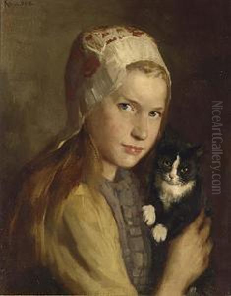 Girl With Her Cat Oil Painting by Heinrich Martin Krabb