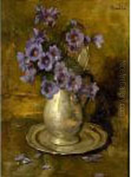 A Flower Still Life In A Pewter Jug Oil Painting by Heinrich Martin Krabb