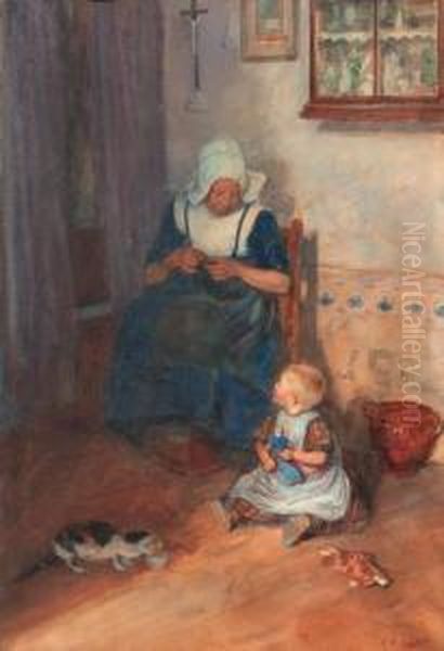 An Interior Scene With A Woman Knitting Oil Painting by Heinrich Martin Krabb